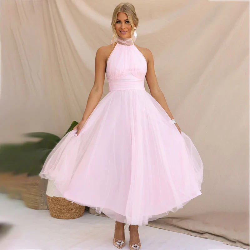 Pearlina - Sleek Mesh High Neck Dress Pink