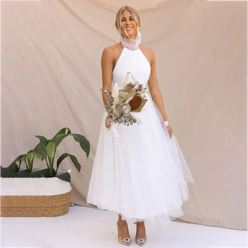 Pearlina - Sleek Mesh High Neck Dress White