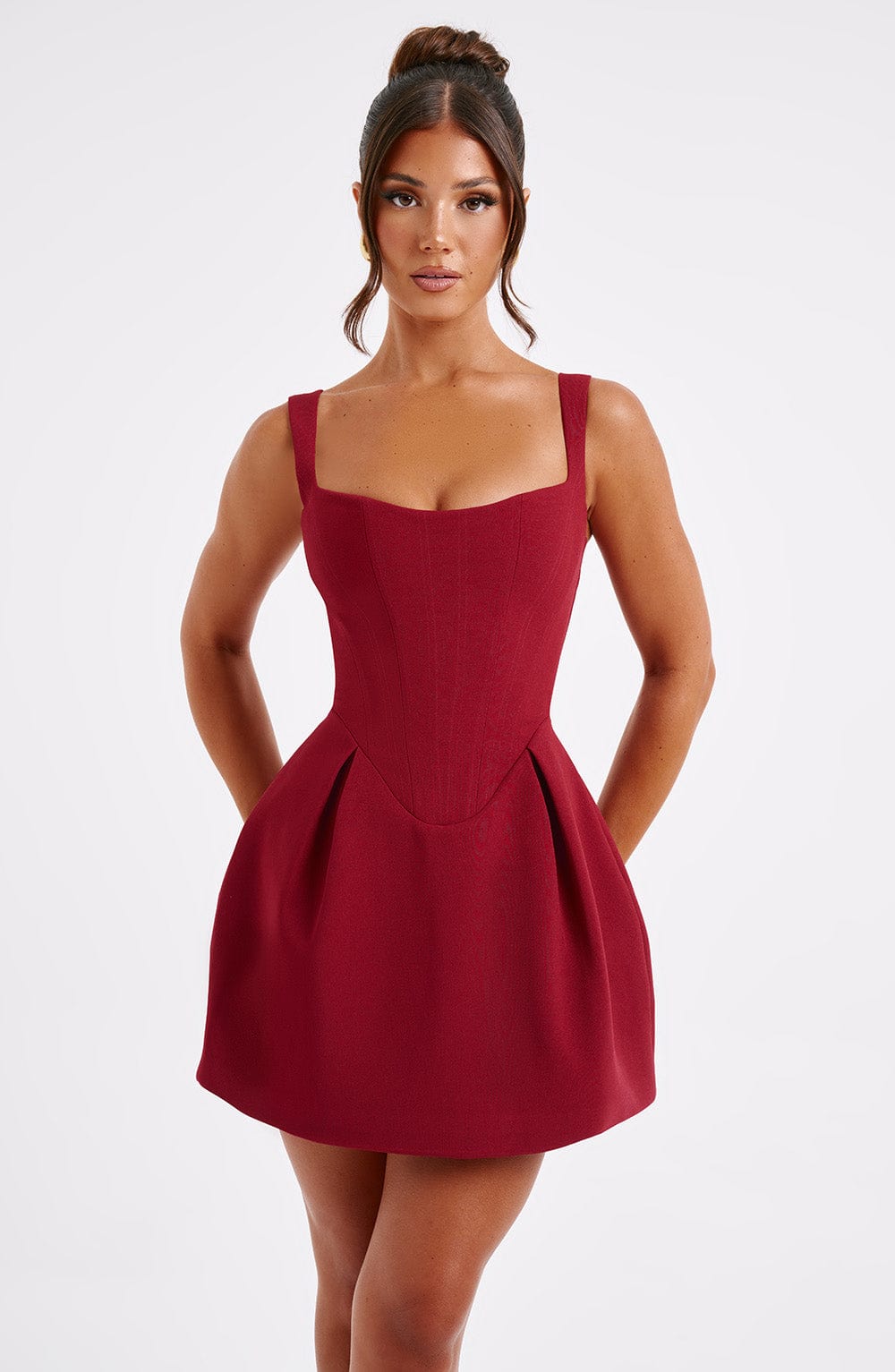 Square Neck Corset Bodice Pleated Bubble Skirt Mini Dress