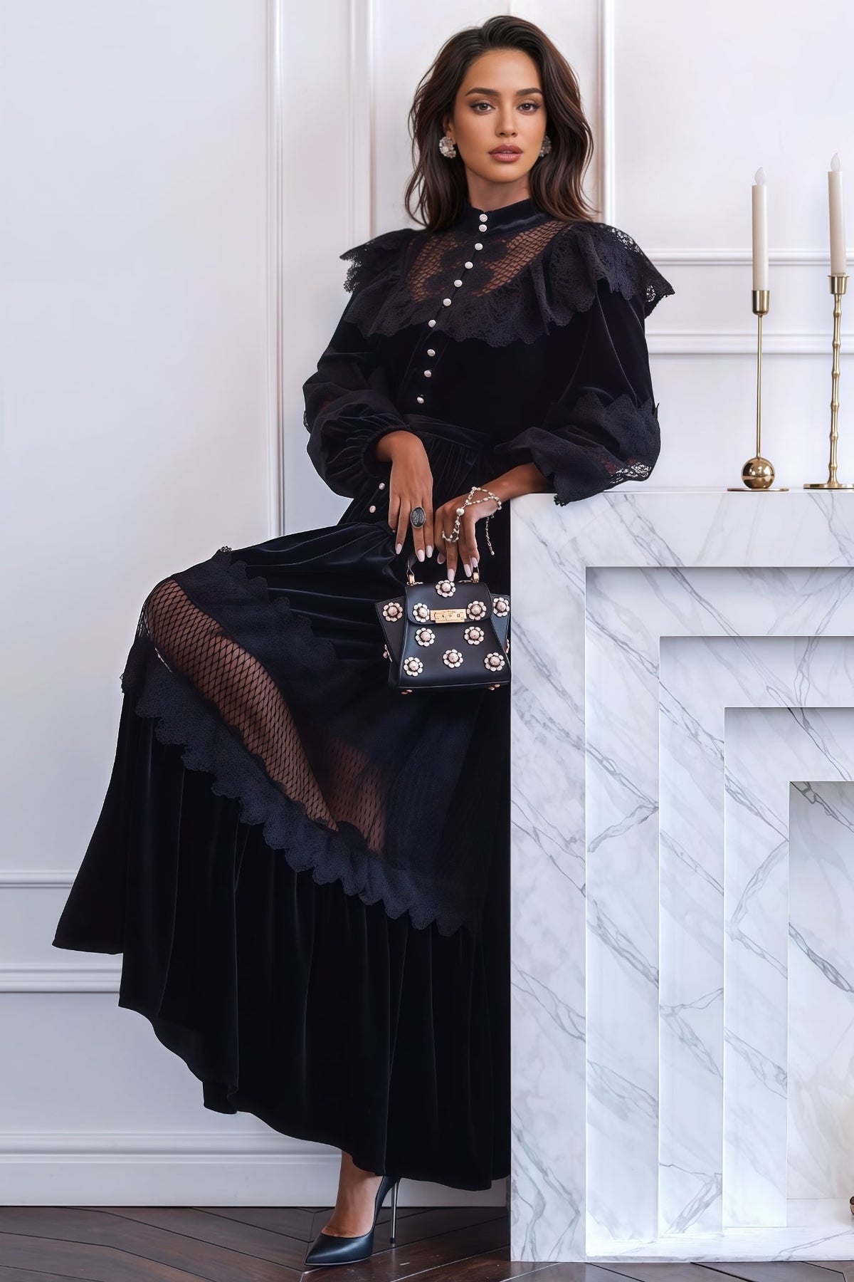 Velvet Lace Insert Ruffle Yoke Button Front Long Sleeve Tiered Maxi Dress 3