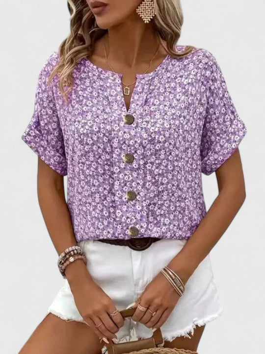 Ditsy Floral Button Front Short Sleeve Blouse