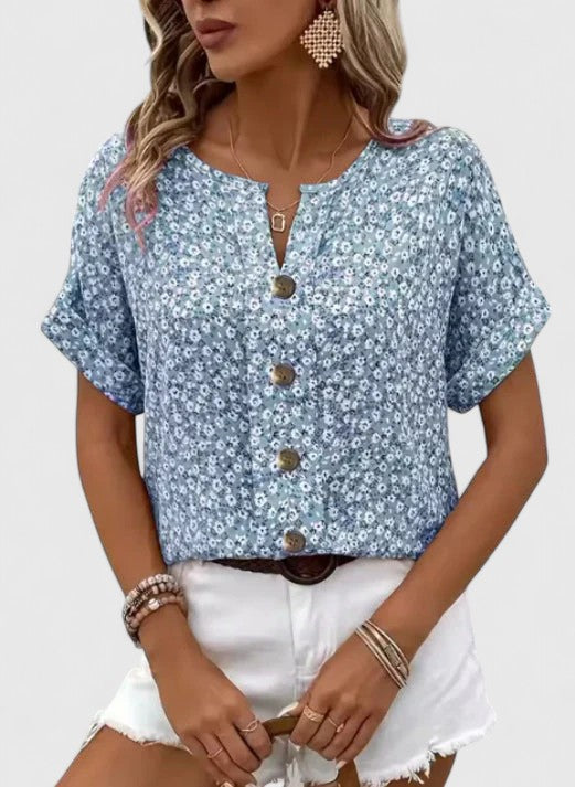 Floral Button Front Short Sleeve Blouse