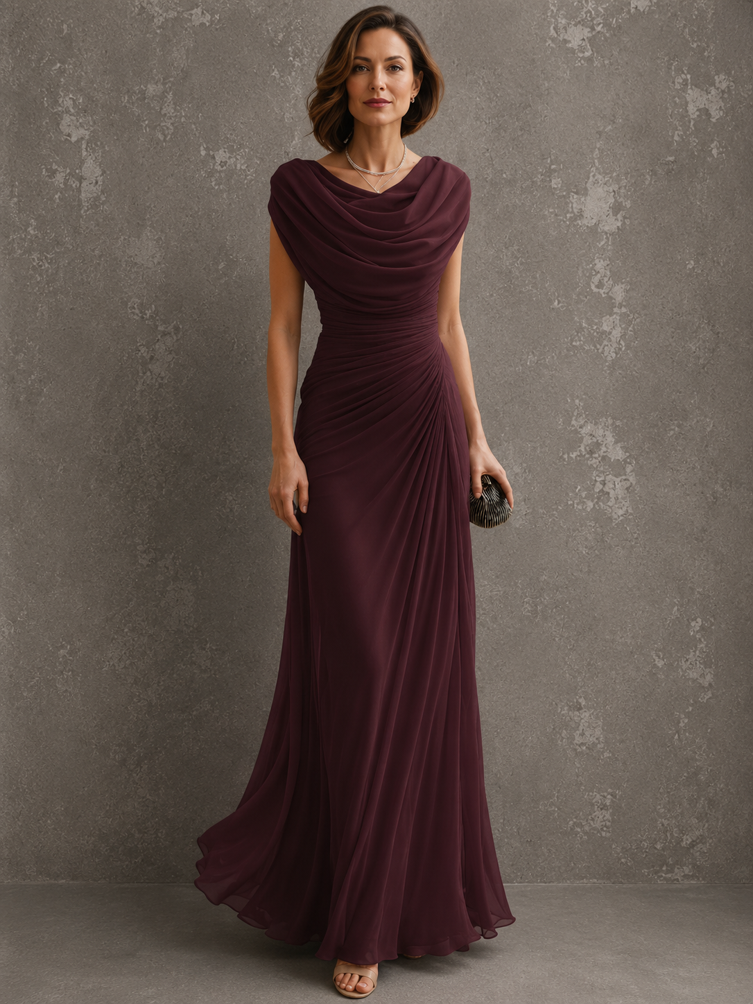 Cowl Neck Cap Sleeve Ruched Chiffon Maxi Gown