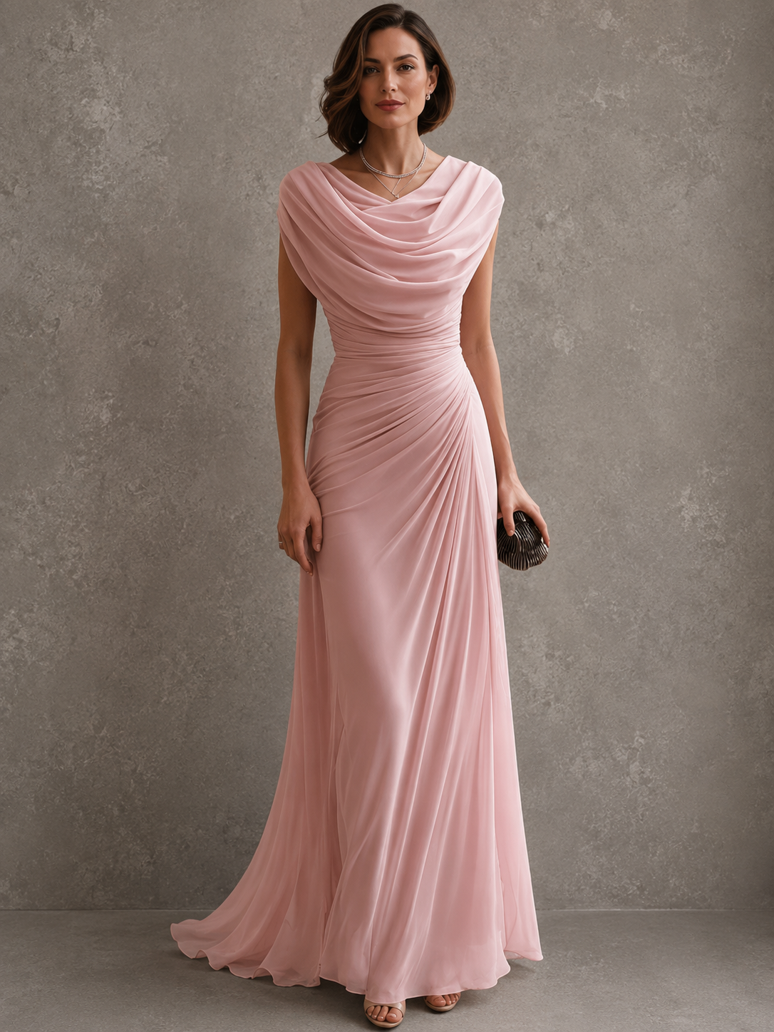 Cowl Neck Cap Sleeve Ruched Chiffon Maxi Gown