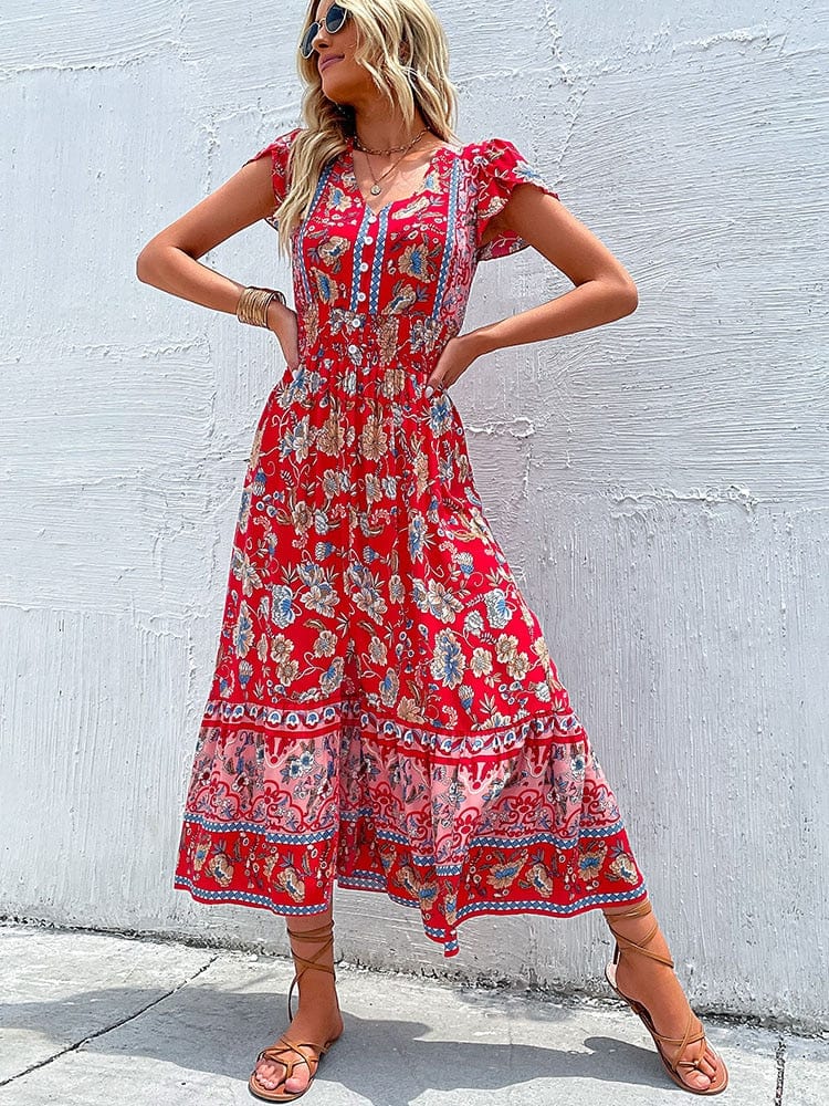 Elena Aesthetic Vintage Style Red Bohemian Maxi Dress Elevated Occasion Wear