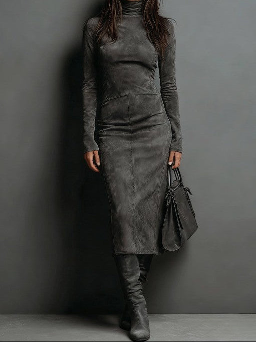 Suede Look High Neck Long Sleeve Bodycon Midi Dress