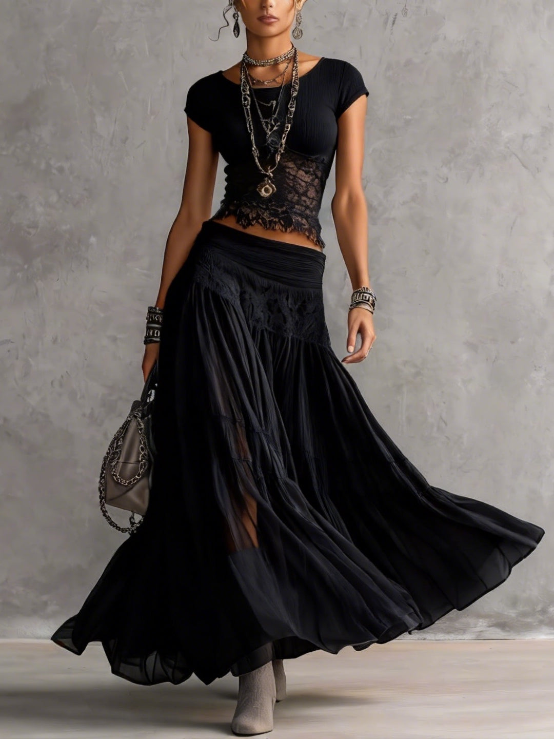 Lace Panel Cap Sleeve Top and Tiered Mesh Maxi Skirt Two Piece Set
