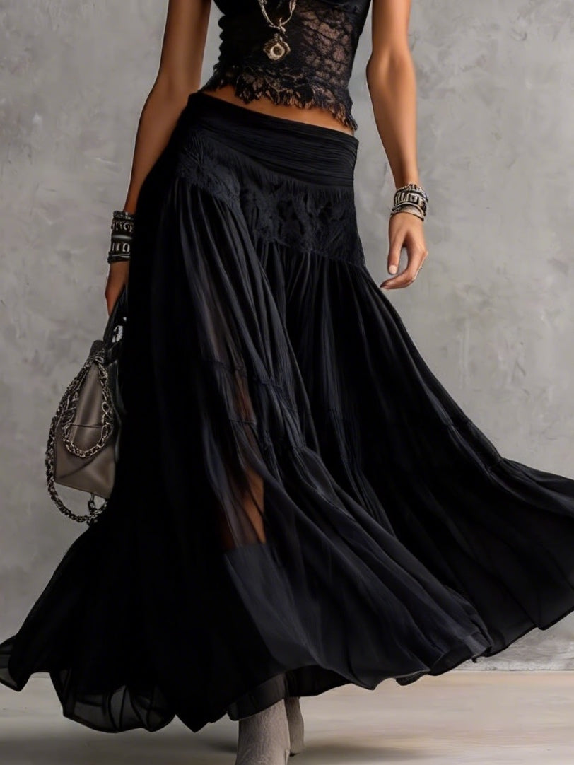 Lace Trim Short Sleeve Top and Tiered Mesh Maxi Skirt Two Piece Set