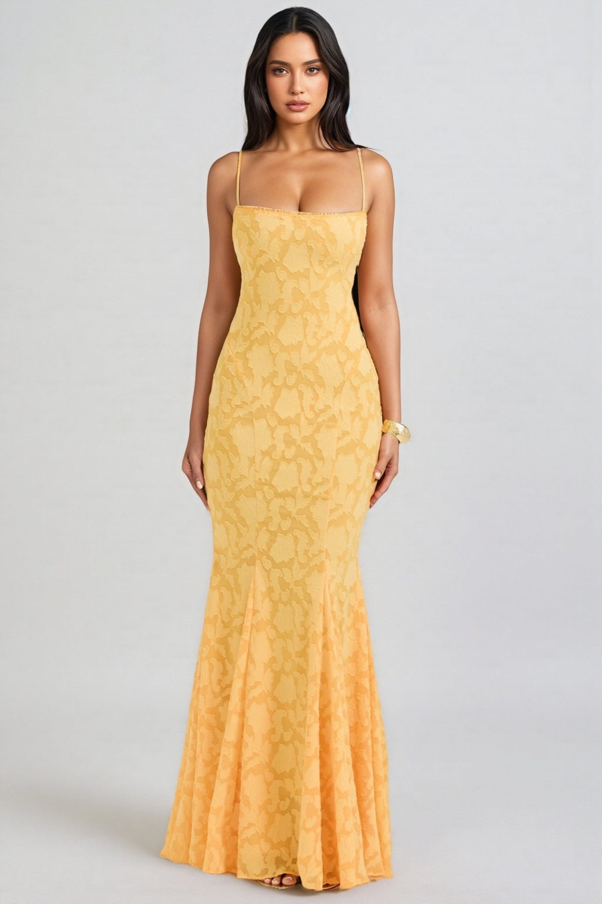 Floral Jacquard Spaghetti Strap Square Neck Mermaid Maxi Dress