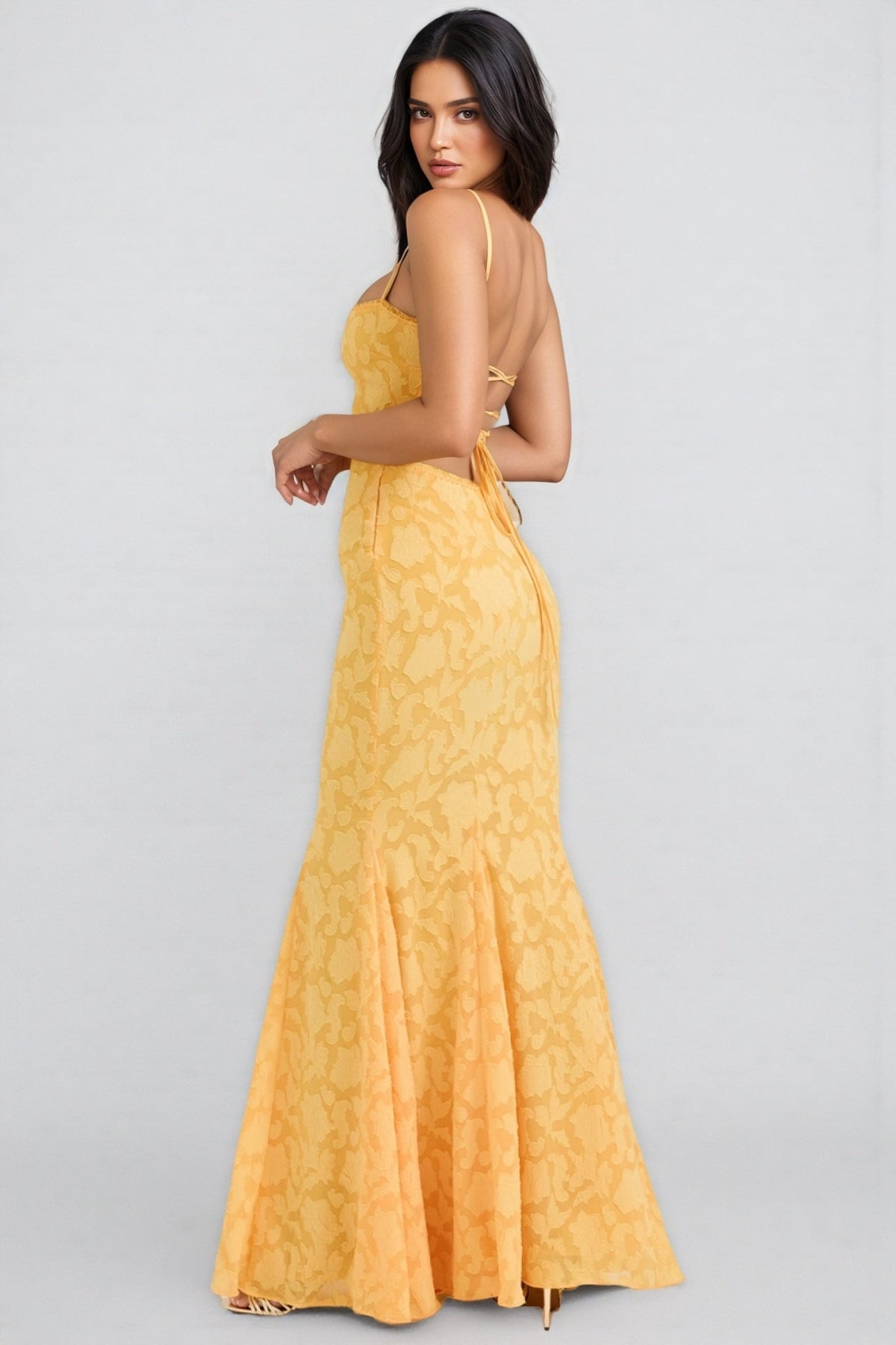 Floral Jacquard Spaghetti Strap Square Neck Mermaid Maxi Dress 7