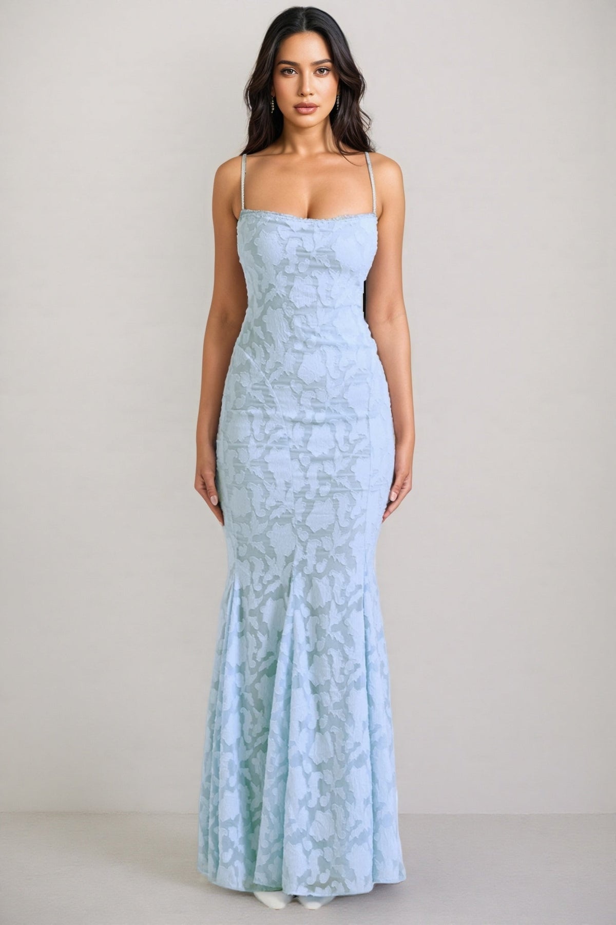 Floral Jacquard Spaghetti Strap Square Neck Mermaid Maxi Dress