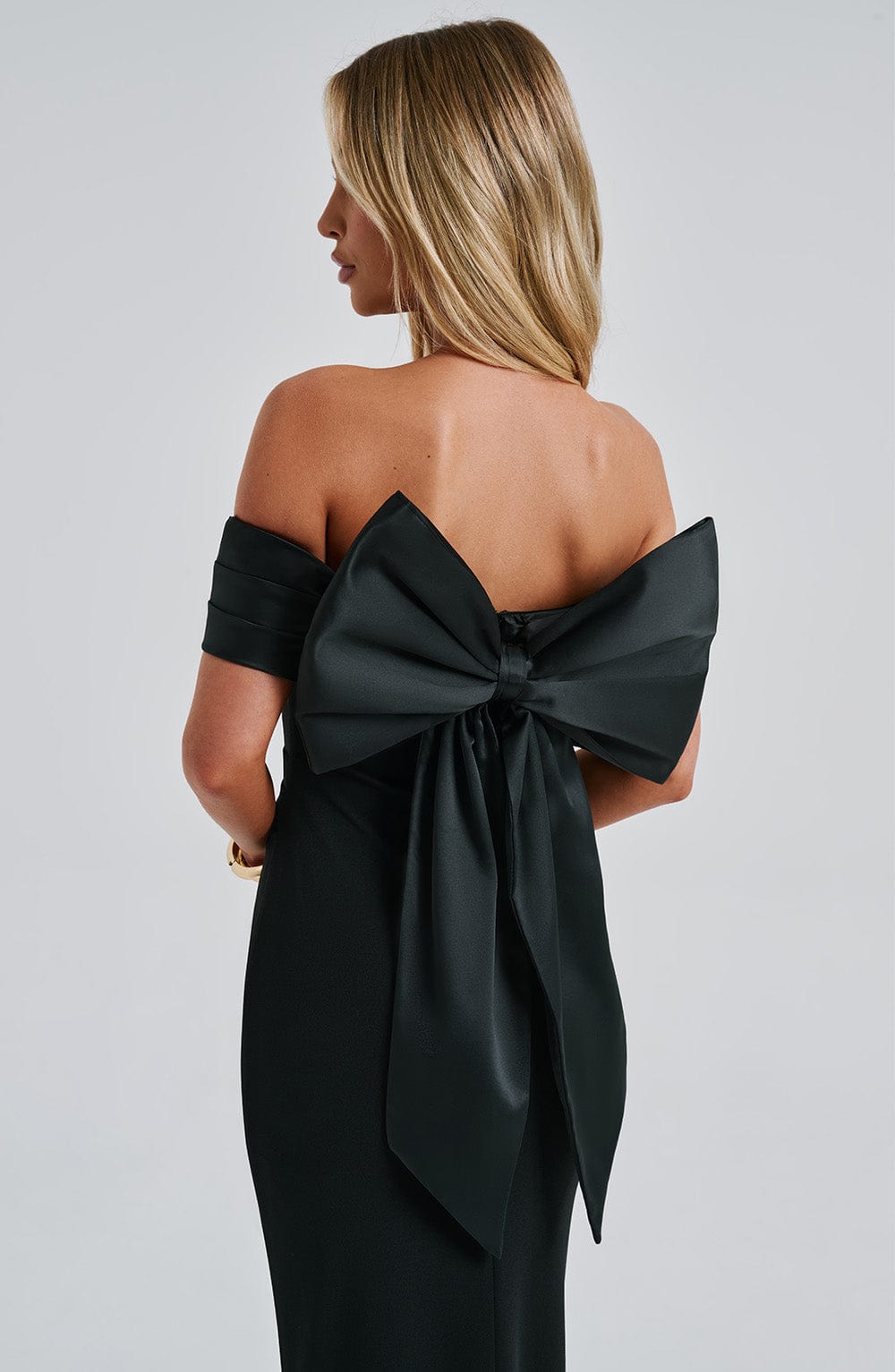 Off Shoulder Oversized Satin Bow Back Bodycon Dress 8