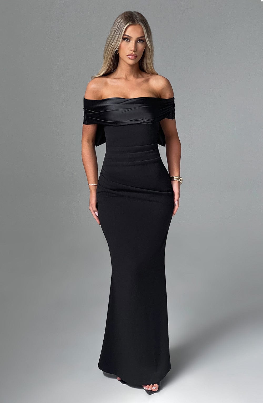 Off Shoulder Oversized Satin Bow Back Bodycon Dress 2