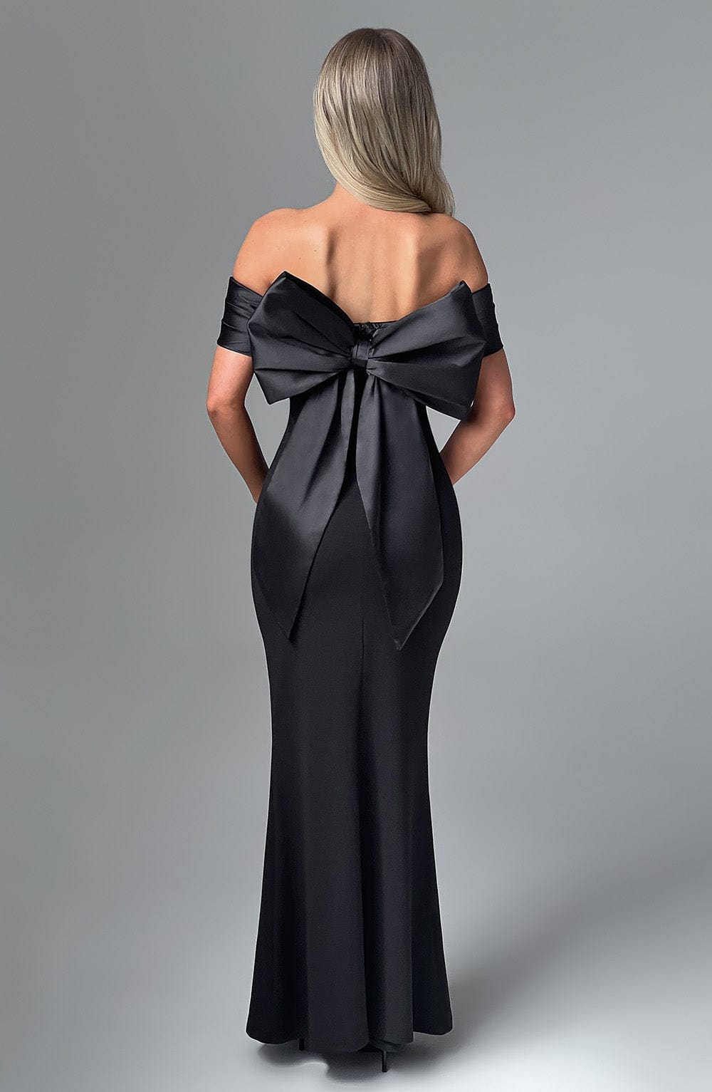 Off Shoulder Oversized Satin Bow Back Bodycon Dress 3