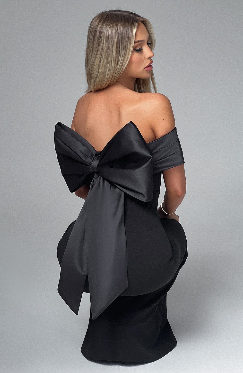 Off Shoulder Oversized Satin Bow Back Bodycon Dress