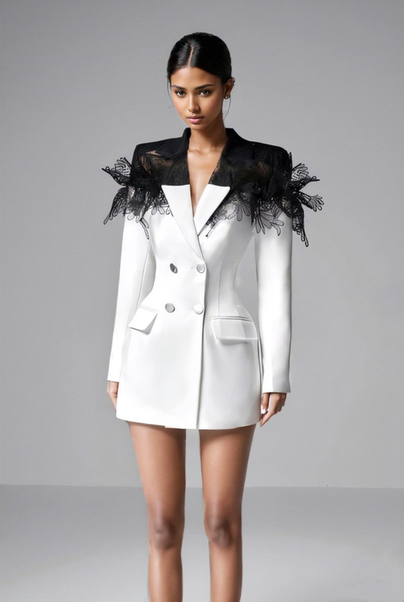 Lace Ruffle Shoulder Double Breasted Contrast Mini Blazer Dress 2