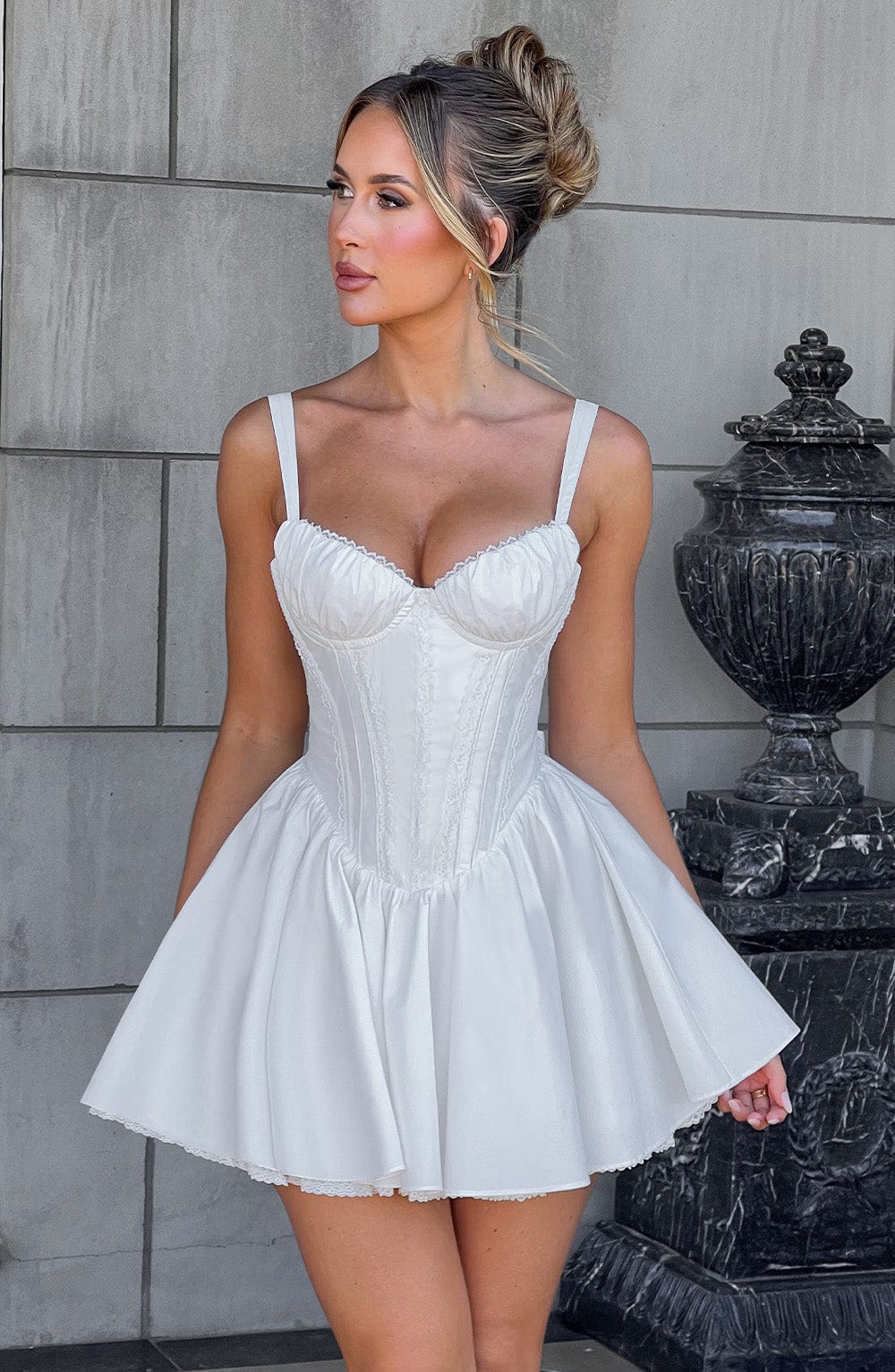 Sweetheart Neck Corset Bodice Lace Trim Flared Mini Dress