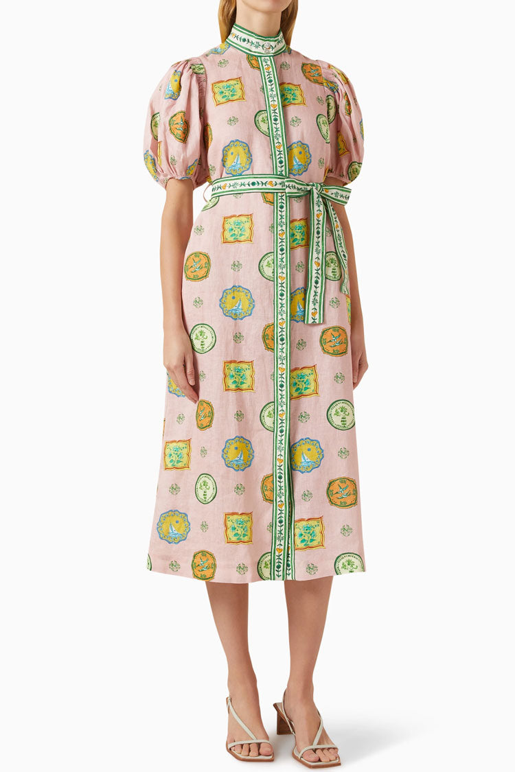 Joyful Scrawl Button Up Belted Blend Linen Summer Vacation Midi Dress