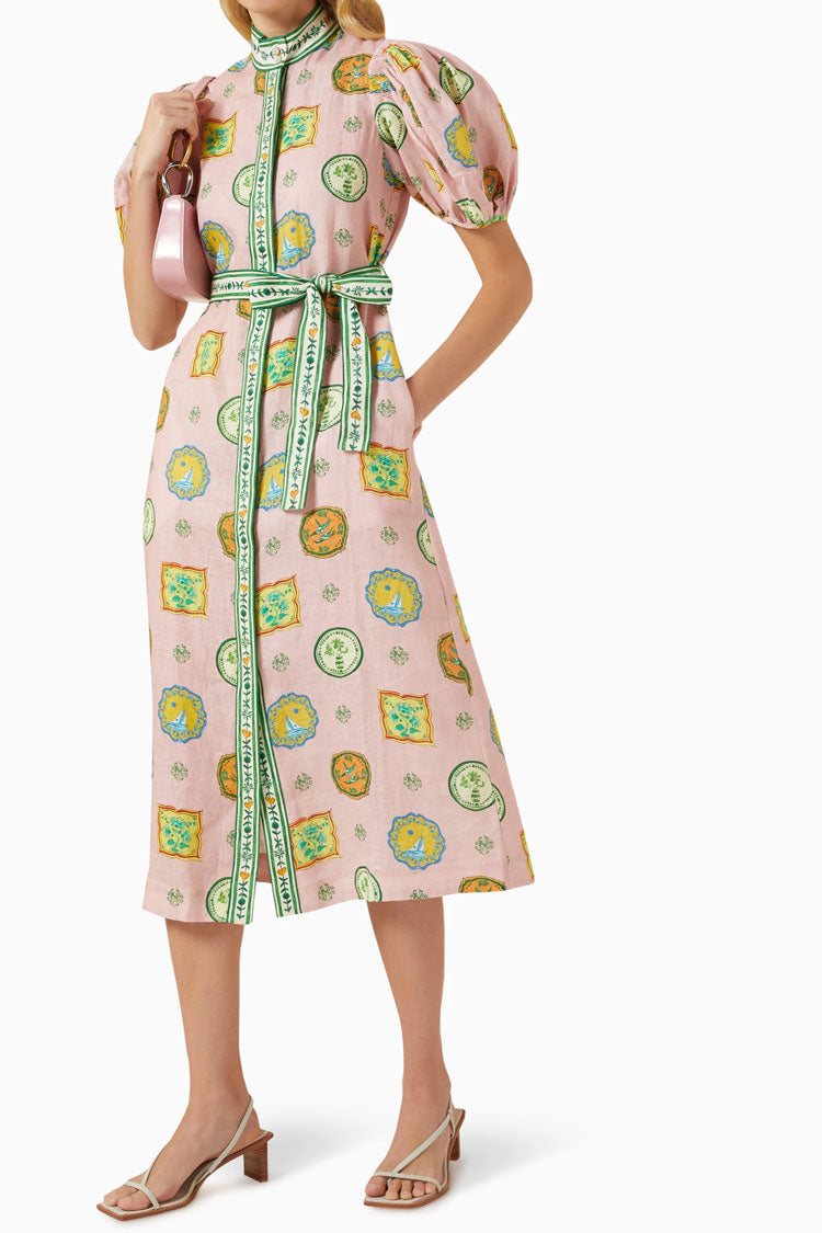 Joyful Scrawl Button Up Belted Blend Linen Summer Vacation Midi Dress