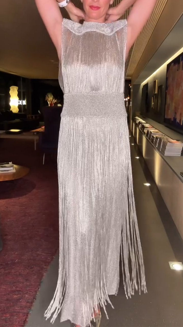 High Neck Sleeveless Fringe Midi Dress Party 3