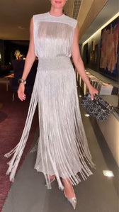 High Neck Sleeveless Fringe Midi Dress Party 2