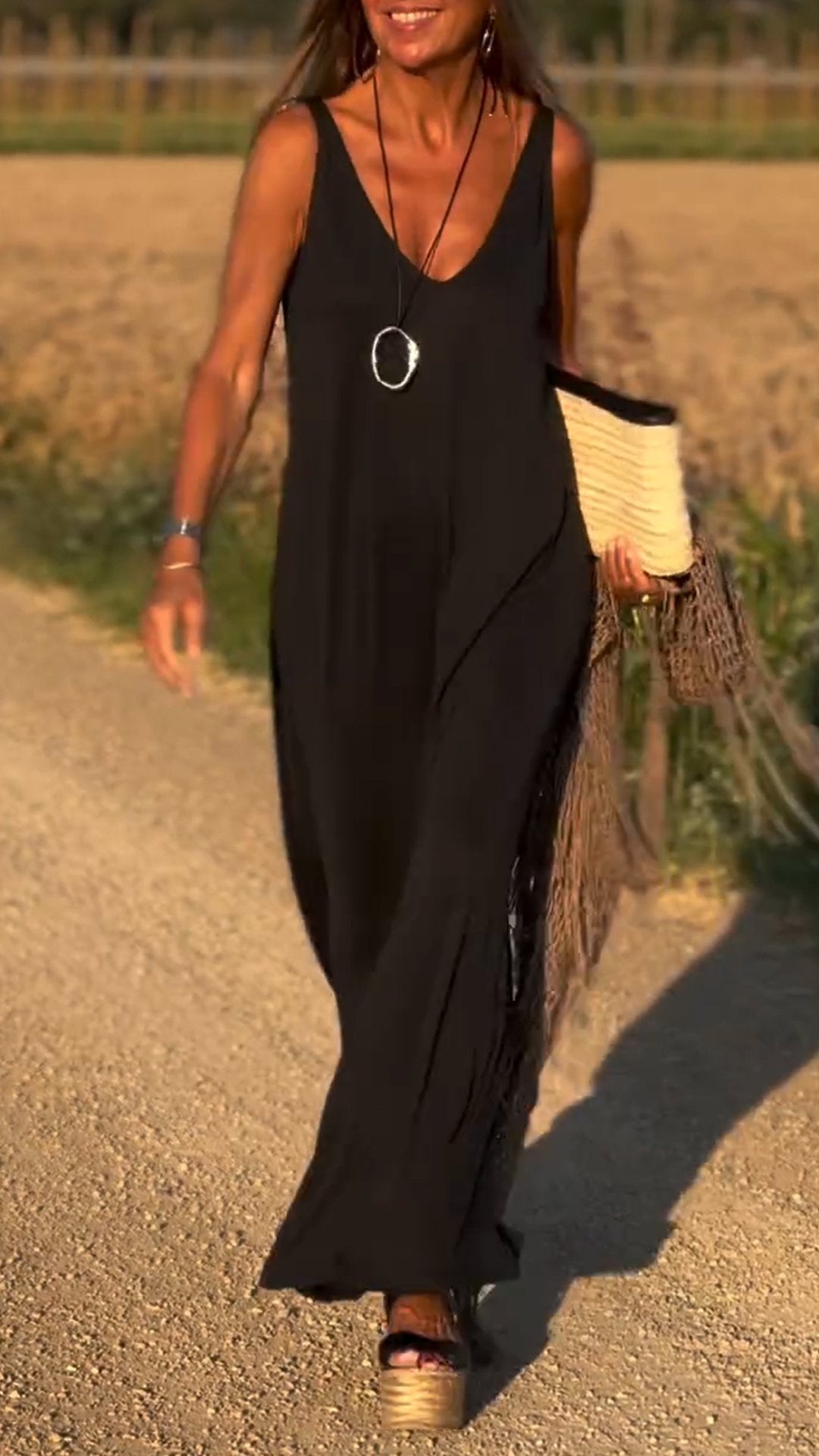 V-Neck Spaghetti Strap Side Slit Loose Maxi Dress 4