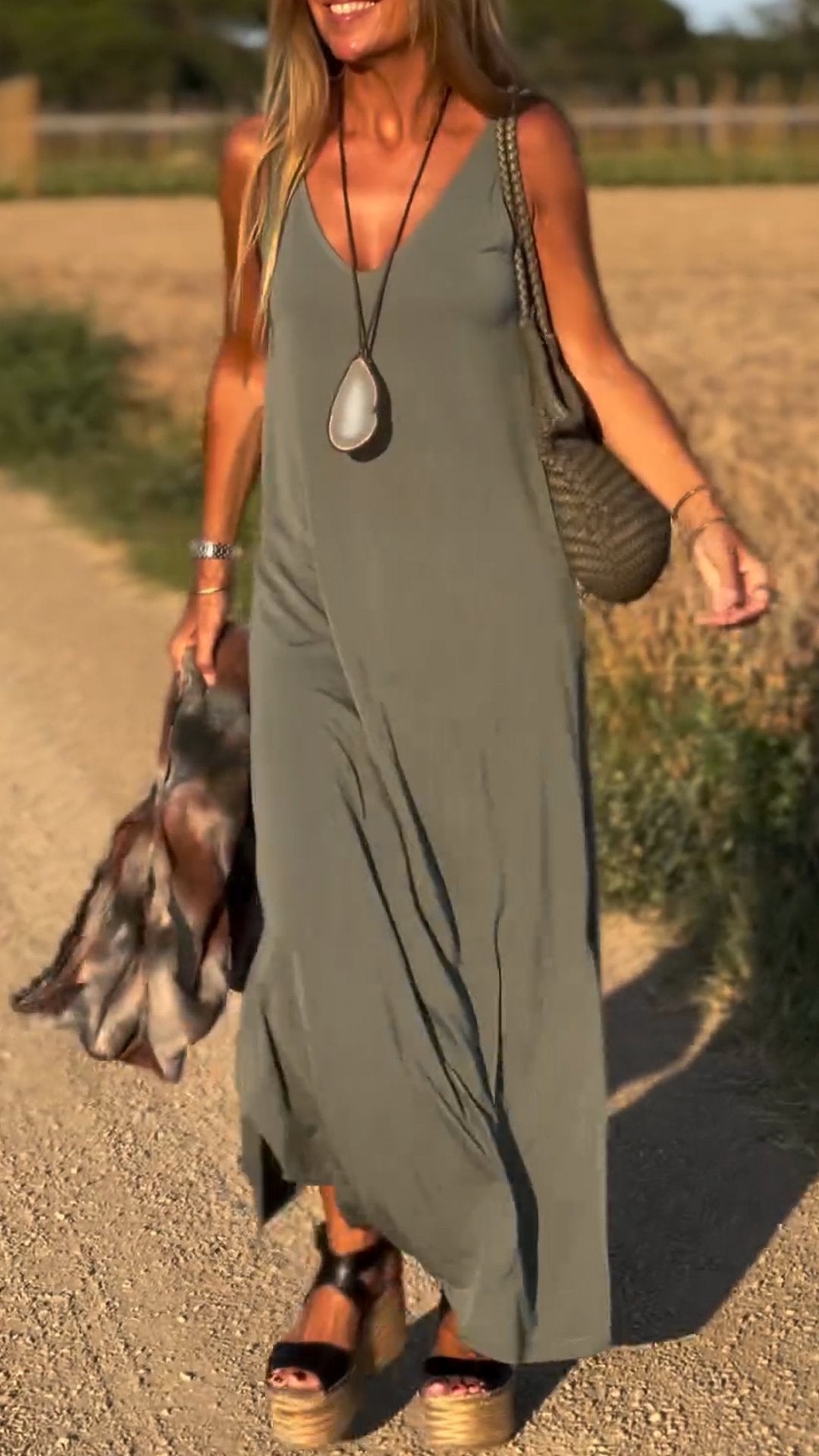V-Neck Spaghetti Strap Side Slit Loose Maxi Dress 2