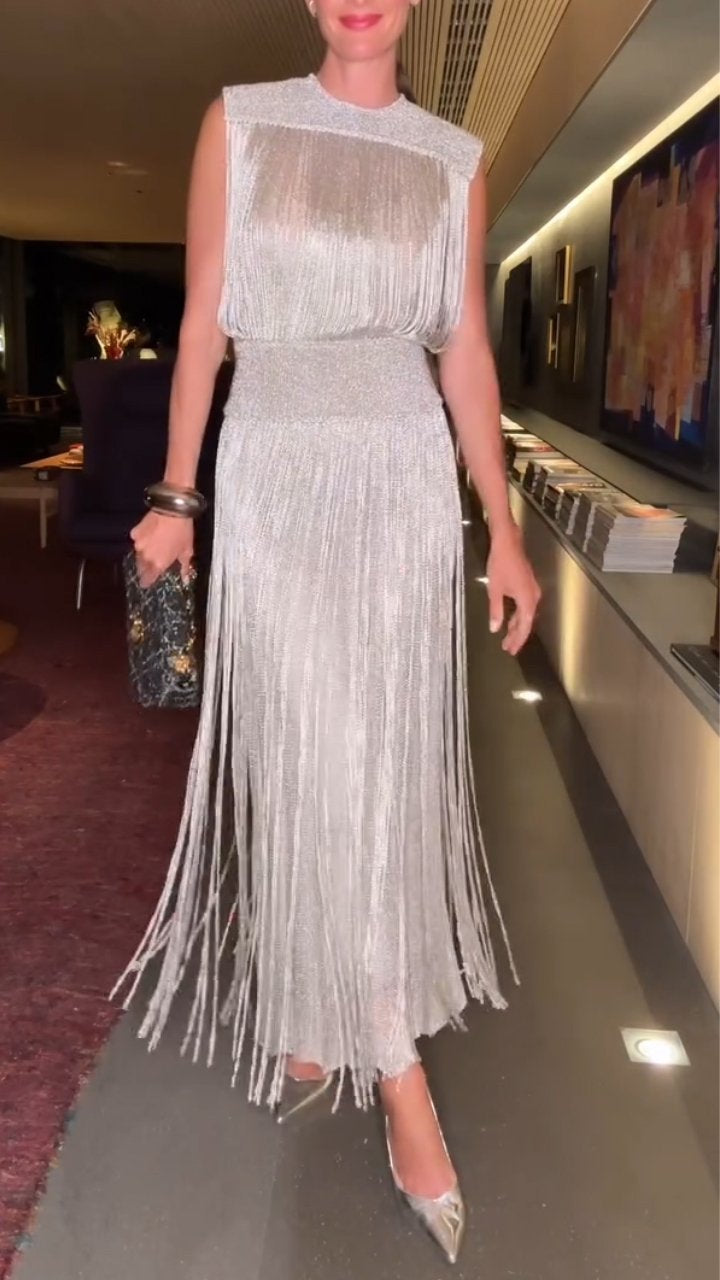 High Neck Sleeveless Fringe Midi Dress Party