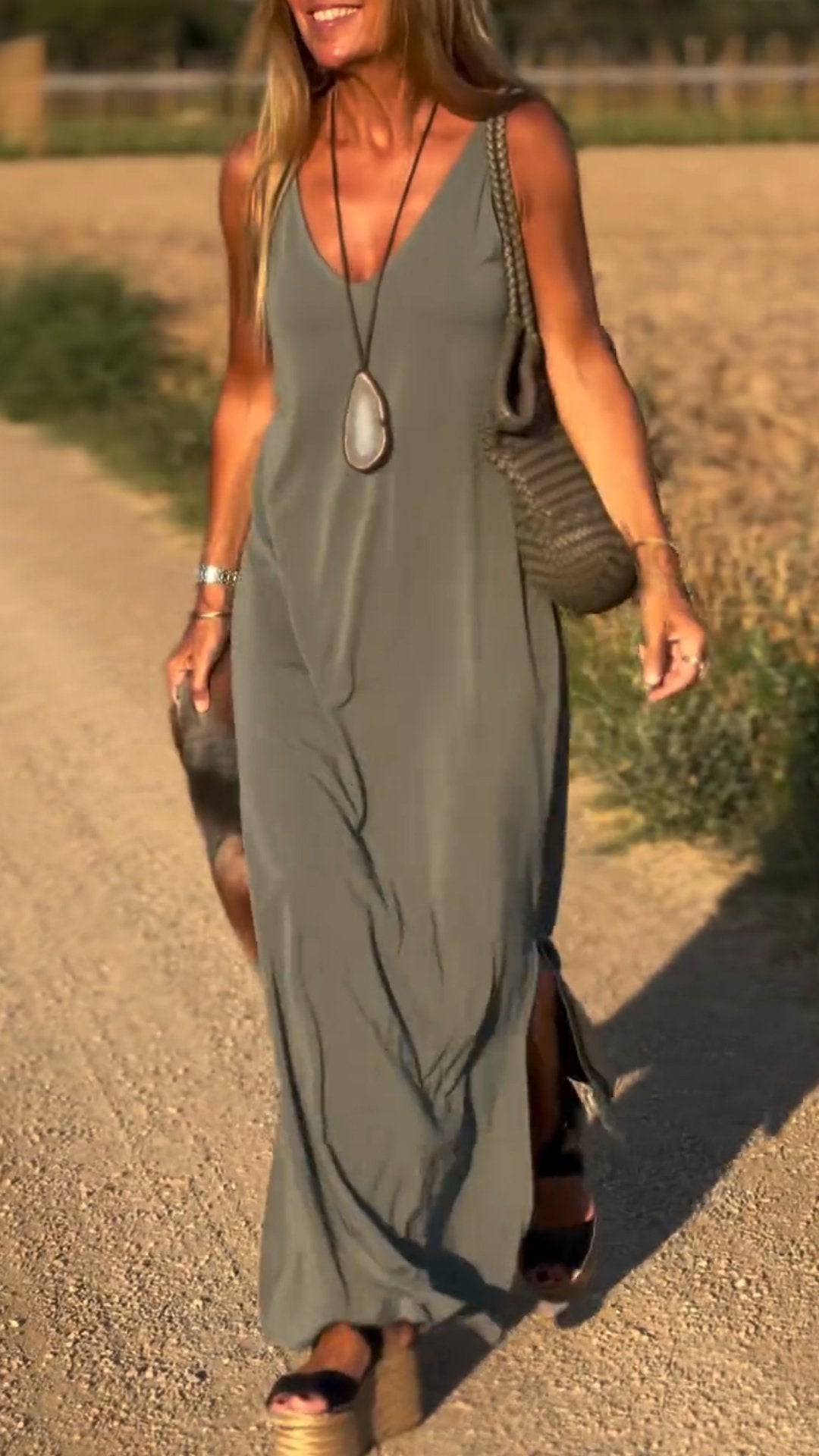 V-Neck Spaghetti Strap Side Slit Loose Maxi Dress 3