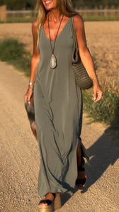 V-Neck Spaghetti Strap Side Slit Loose Maxi Dress 3