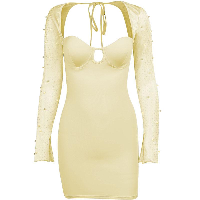Long sleeve solid hollow out slit ruched beaded self tie backless mini dress 2