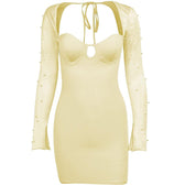 Long sleeve solid hollow out slit ruched beaded self tie backless mini dress 2