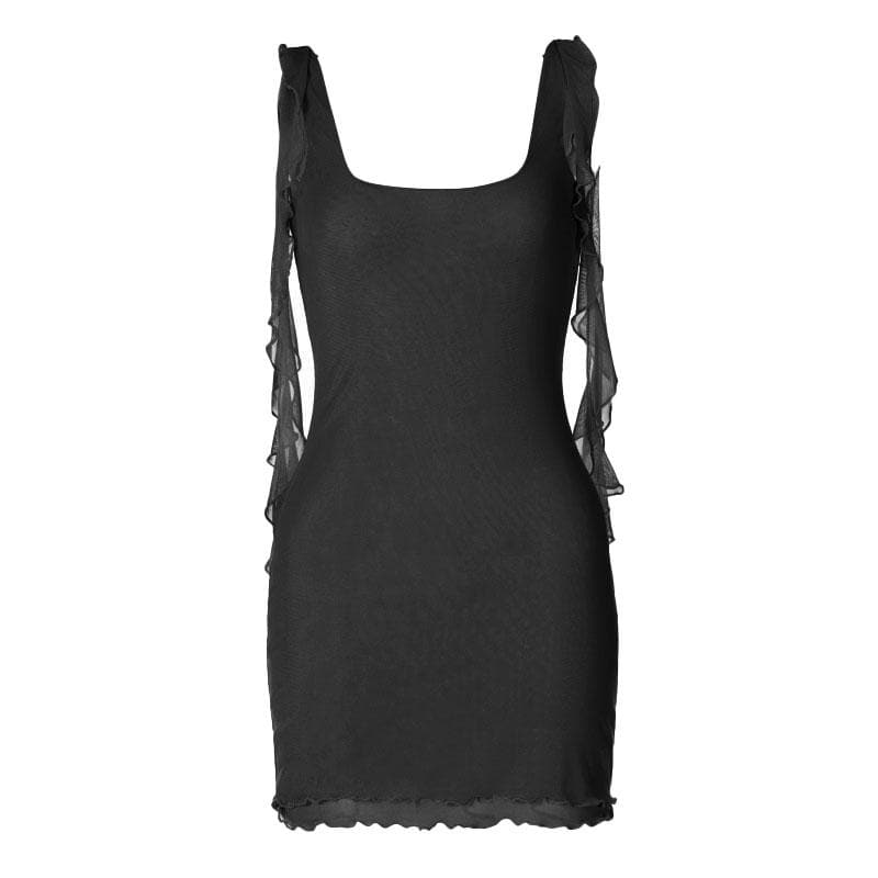 Mesh Square Neck Ruffle Strap Layered Hem Bodycon Mini Dress 6