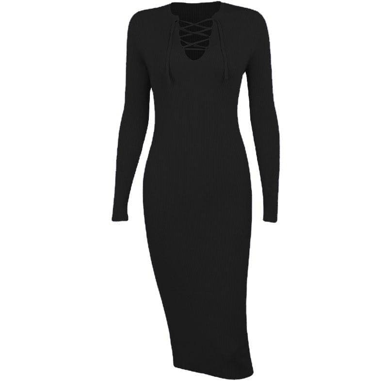 Lace up solid ribbed long sleeve notch neck mini dress 7