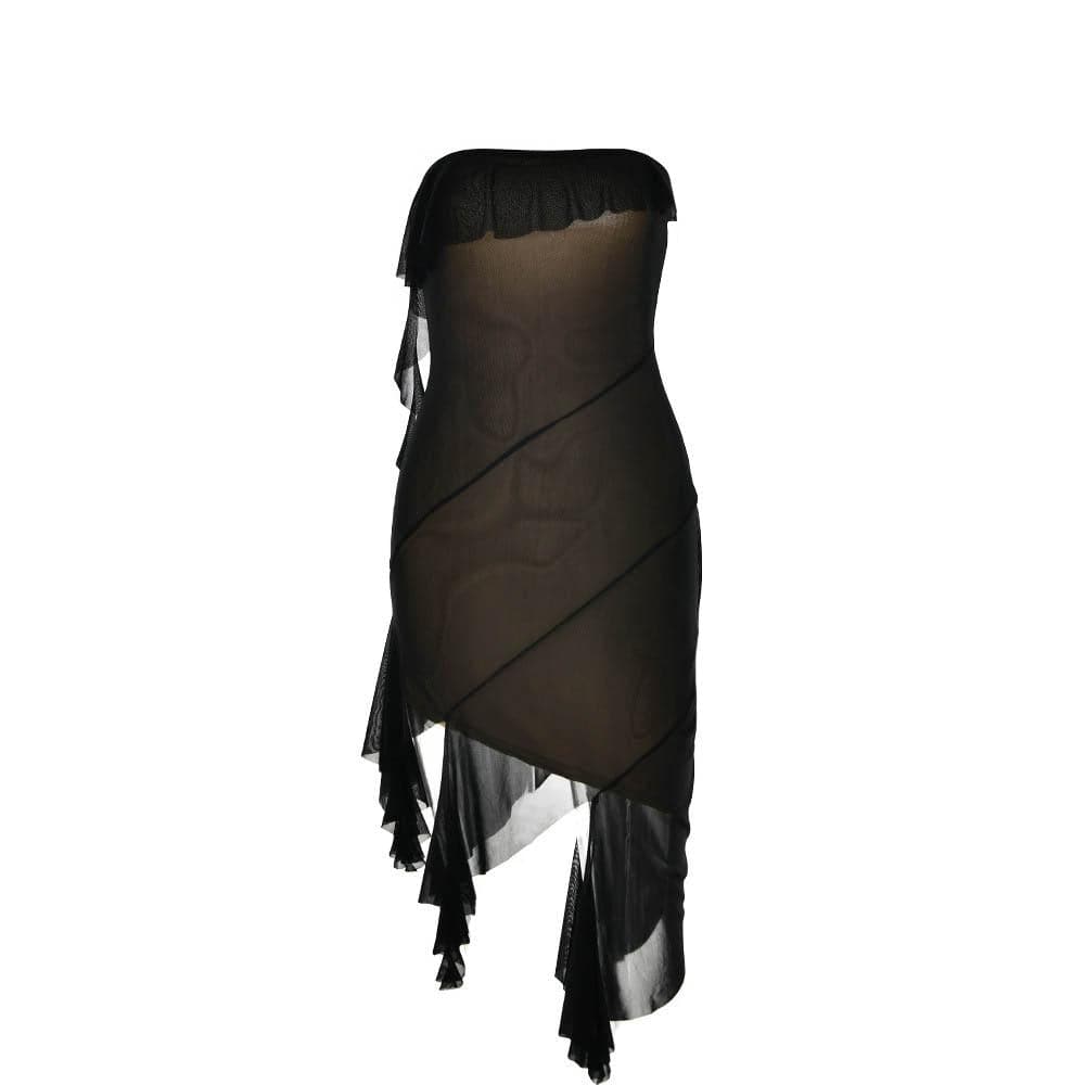 Mesh ruffle solid irregular backless tube mini dress 2
