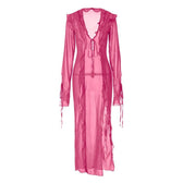 Slit chiffon see through long sleeve v neck self tie maxi dress 3