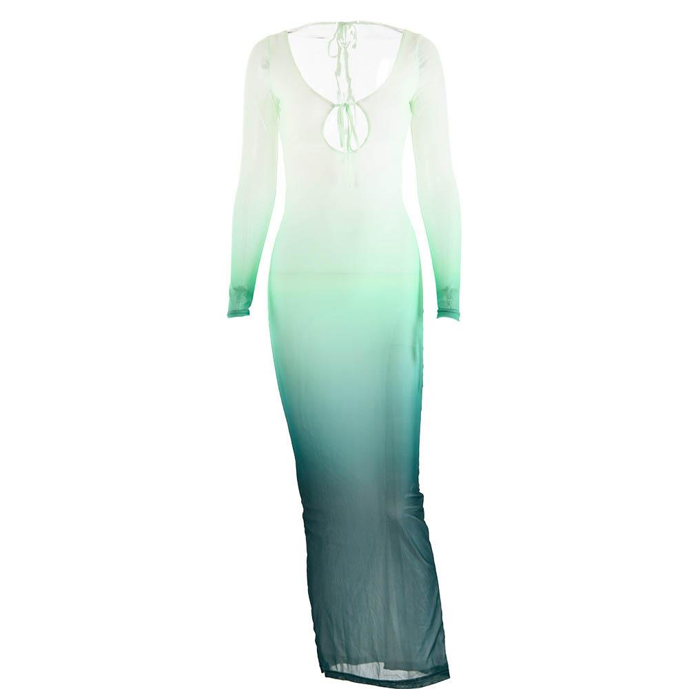 Mesh gradient long sleeve self tie backless slit maxi dress 8