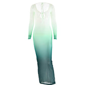 Mesh gradient long sleeve self tie backless slit maxi dress 8