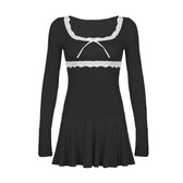 Lace hem square neck contrast long sleeve ruffle mini dress 2