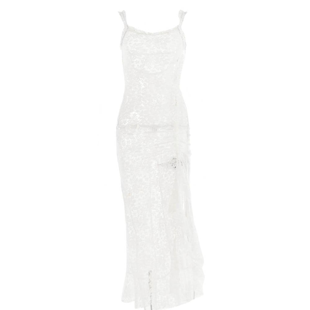 Lace see through self tie solid backless slit maxi dress 2
