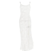 Lace see through self tie solid backless slit maxi dress 2