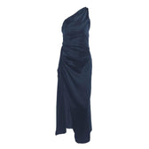 Slit solid satin one shoulder irregular ruched maxi dress 11