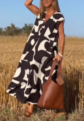 Geometric Print V-Neck Cap Sleeve Split Maxi Dress