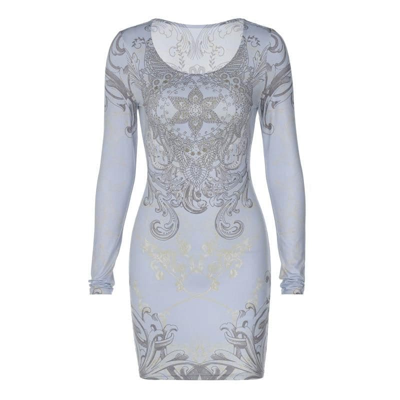 Beaded long sleeve u neck abstract contrast mini dress 9