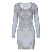 Beaded long sleeve u neck abstract contrast mini dress 9