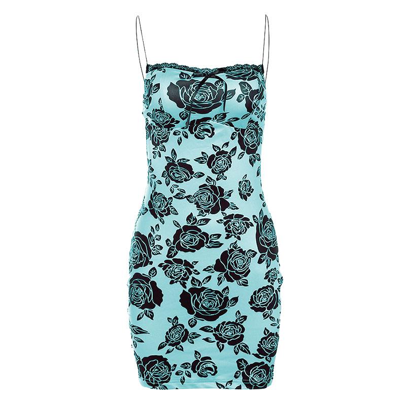 Rose print lace hem contrast spaghetti strap mini dress 8