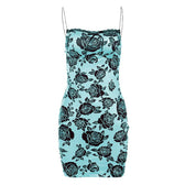 Rose print lace hem contrast spaghetti strap mini dress 8