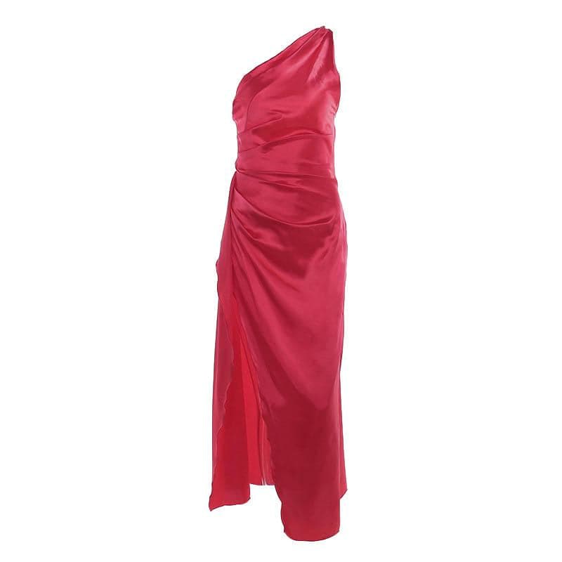 Satin One Shoulder Pleated Waist Asymmetric Hem Split Maxi Dress
