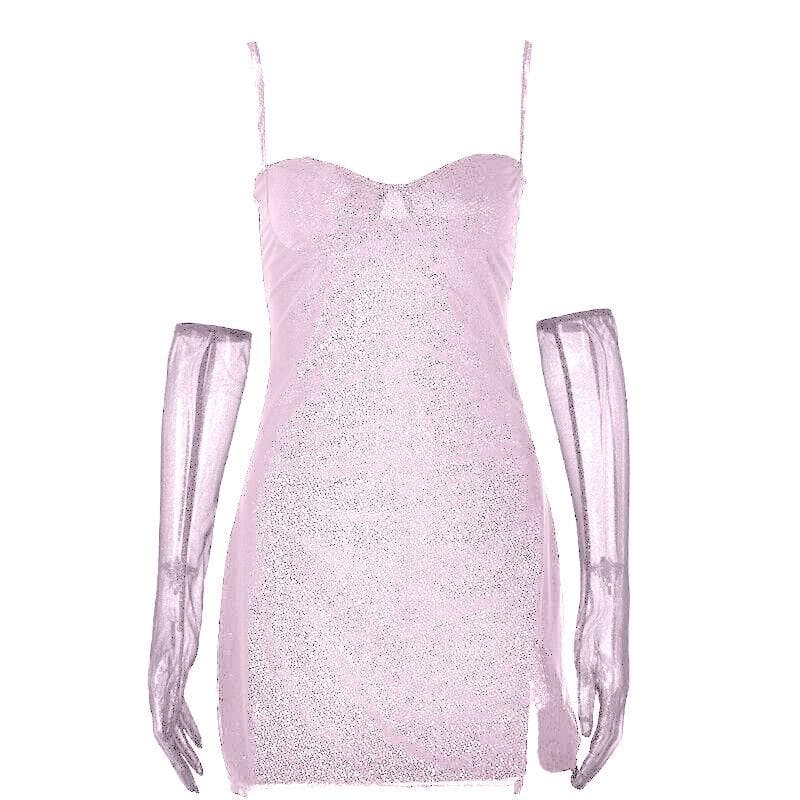 Textured mesh gloves sweetheart neck zip-up slit cami mini dress 11