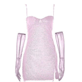 Textured mesh gloves sweetheart neck zip-up slit cami mini dress 11